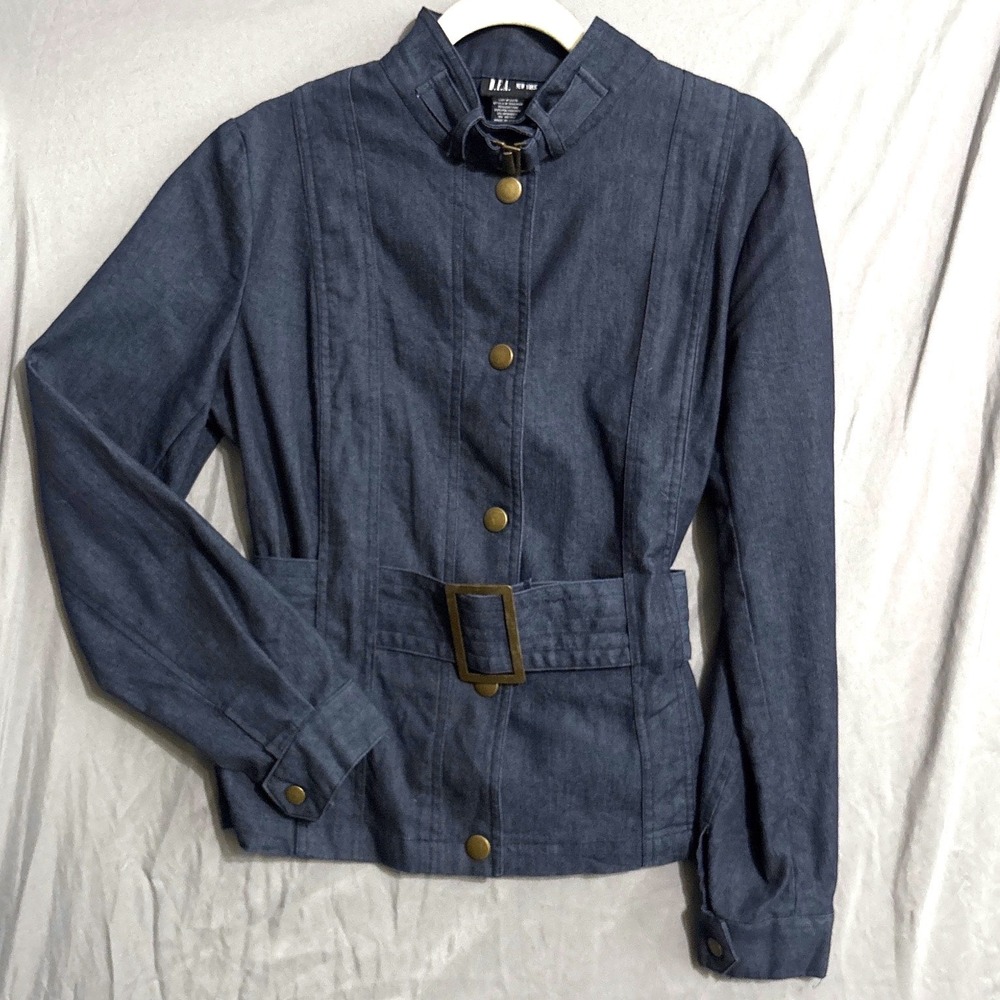 D.F.A. New York Denim Jacket L Blue Military Dark Academia Belted 7R9346B